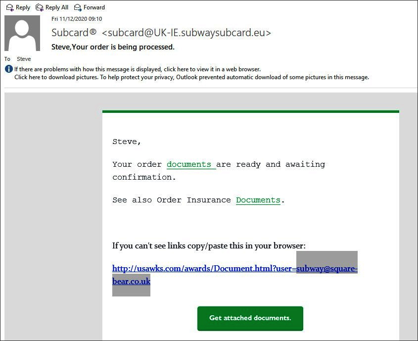 TrickBot malware for Subway customers 